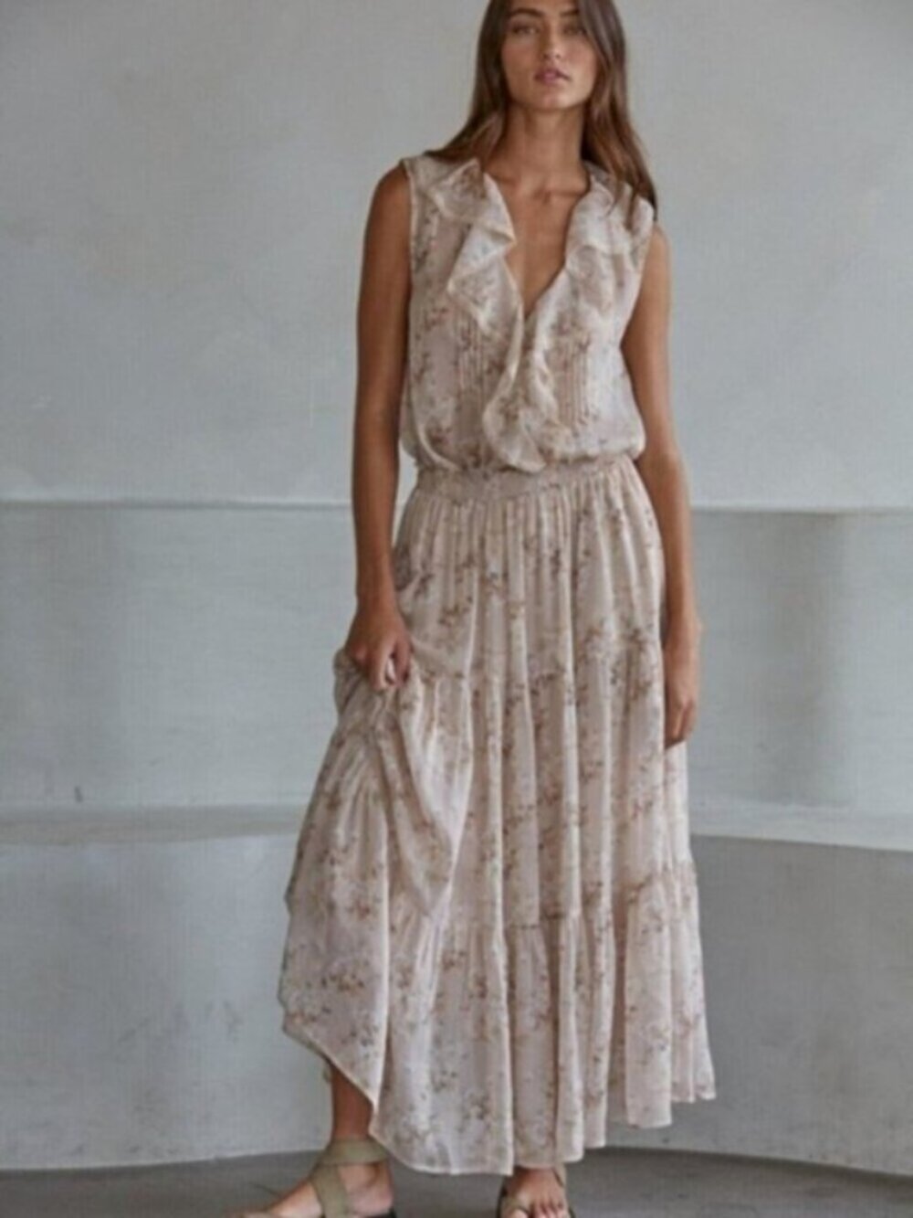 BY TOGETHER Floral Tiered Maxi Skirt and Ruffle Top Taupe Blush Pink NWT